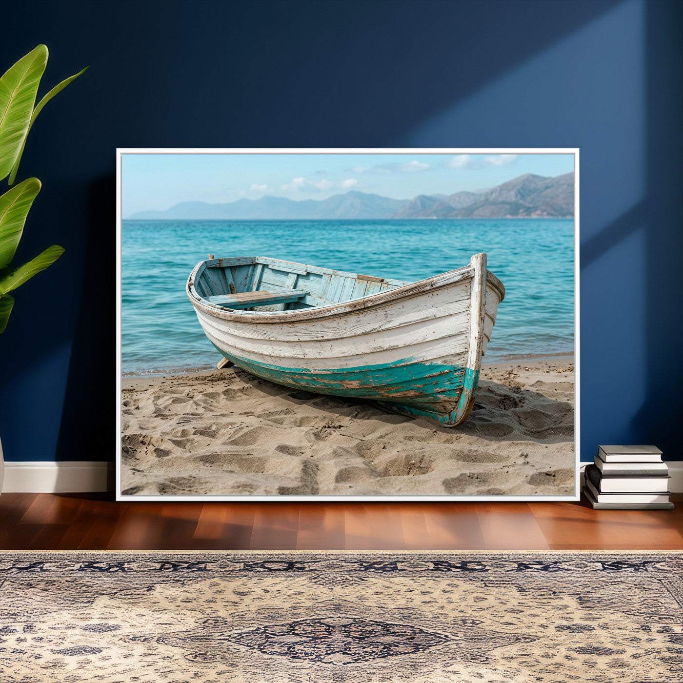 49963709-MGV-CV-36X24 - Coastal Boat Canvas Wall Art Print, Beach Boat Painting, Nautical Ocean Decor, Seascape Wall Art, Ready to Hang