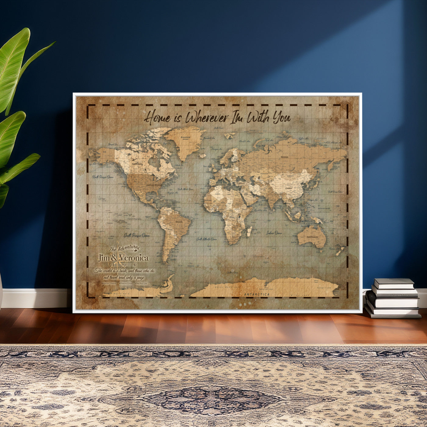 97123877-MGV-CV-36X24 - Vintage Custom Push Pin World Map, Vintage Travel Map Canvas, Personalized Names Anniversary Gift, Places Visited Pin Board, Couples Adventure Art