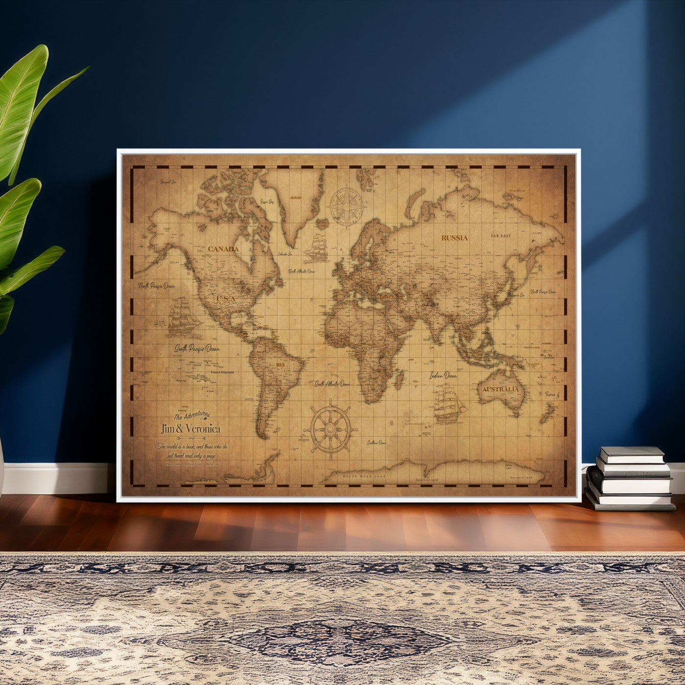 55328610-MGV-CV-36X24 - Personalize Push Pin World Map Wall Art Print | Vintage Travel Map Canvas, Custom Names Anniversary Gift, Places Visited Pin Board