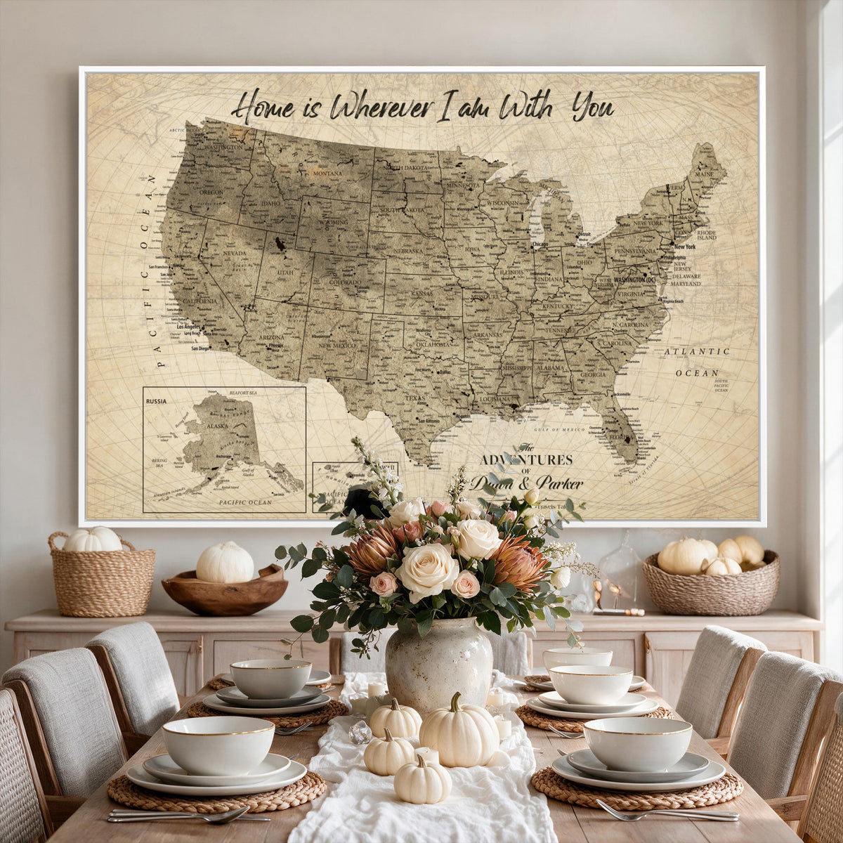 25440520-MGV-CV-36X24 - Detailed Personalized Push Pin United States Map Wall Art, States Visited Map, Office and Hallway Decor