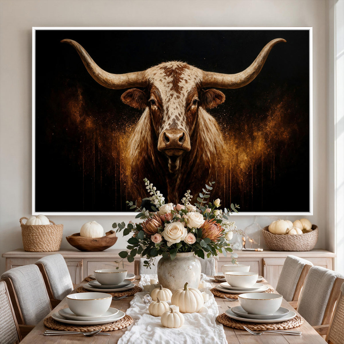 62076449-MGV-CV-36X24 - Texas Bull Cow Longhorn Canvas Wall Art Moody Western Bull Oil Painting Print