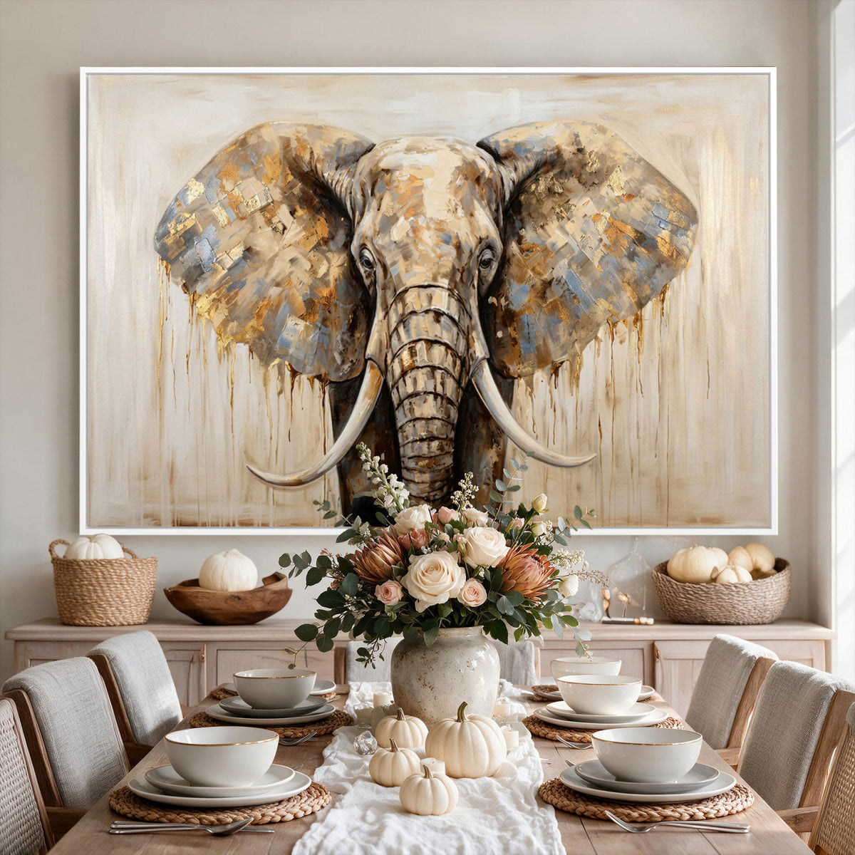 95819221-MGV-CV-36X24 - Gold Leaf Elephant Canvas Wall Art Abstract African Wildlife Painting Print