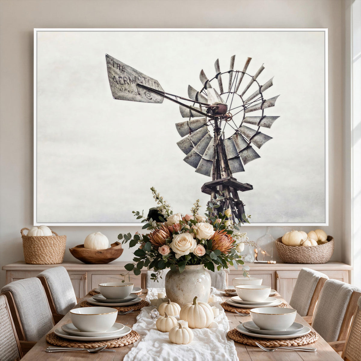 63200638-MGV-TP-30X20 - Vintage Rustic Farmhouse Windmill Canvas Wall Art - Western Country Landscape Print