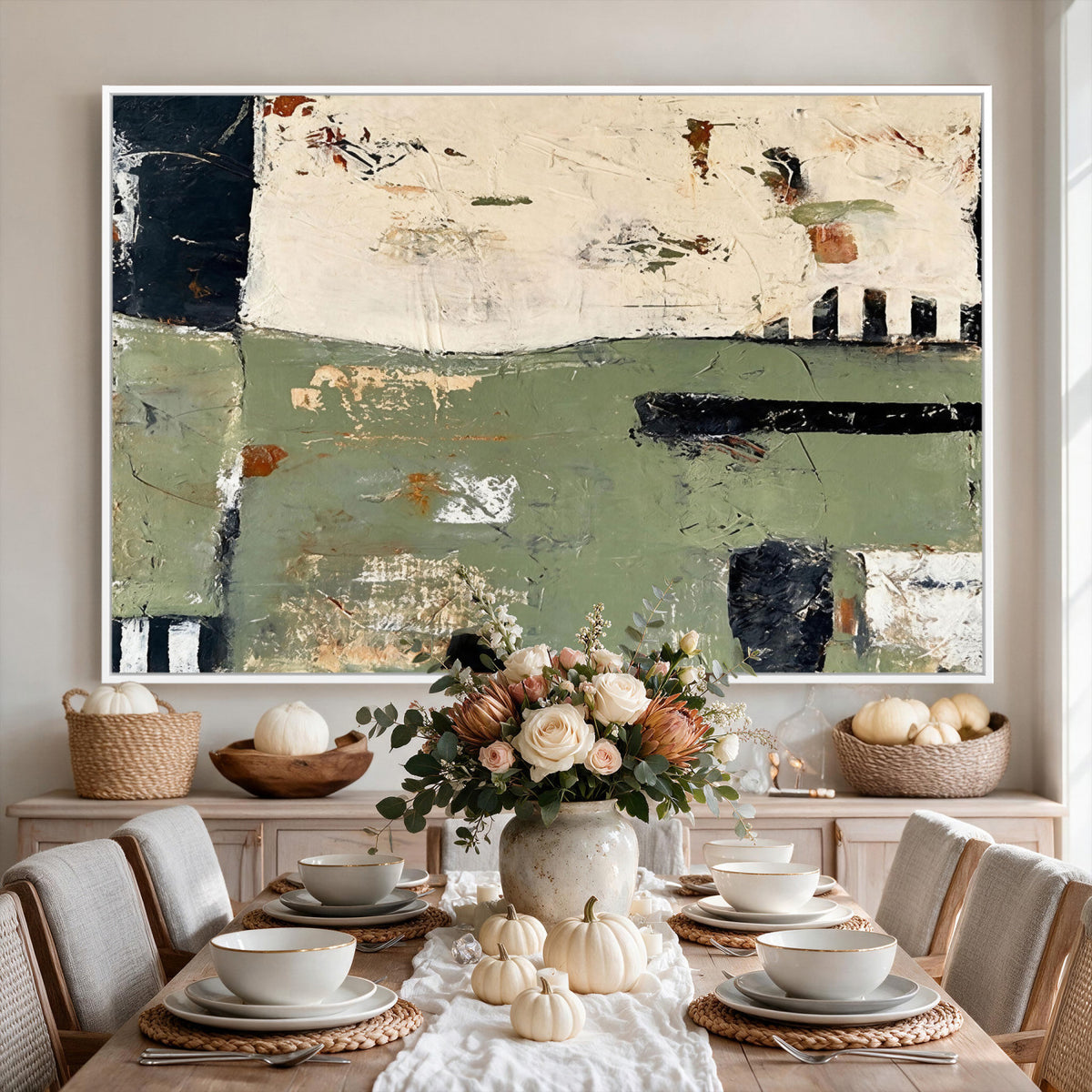 77942087-MGV-CV-36X24 - Sage Green Abstract Geometric Landscape Wall Art Canvas Print, Modern Minimalist Decor