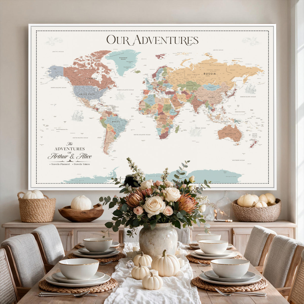 NEWMAP-4-MGV-CV-36X24 - Custom World Travel Map Wall Art with Pins, Places Visited Tracker, Family Room and Bedroom Decor