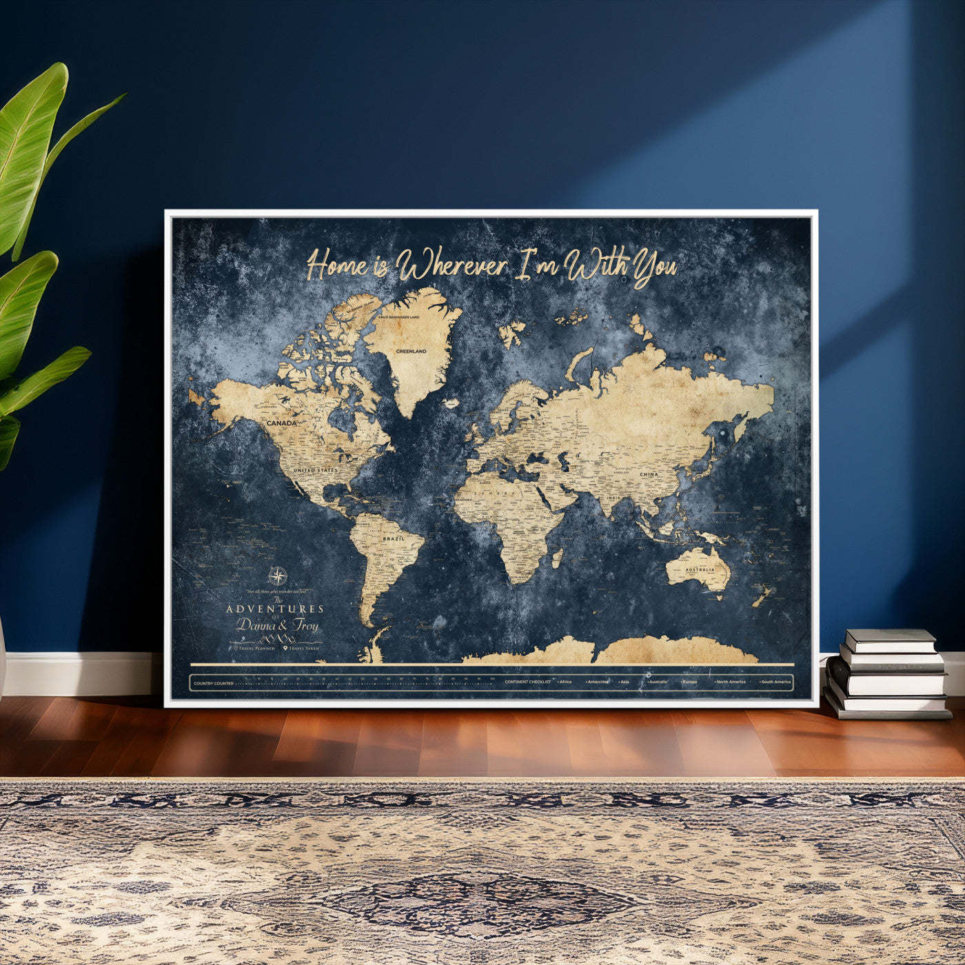 400867BL-MGV-CV-36X24 - Framed Blue Custom Push Pin World Map Canvas Print – Personalized Travel Map Wall Art