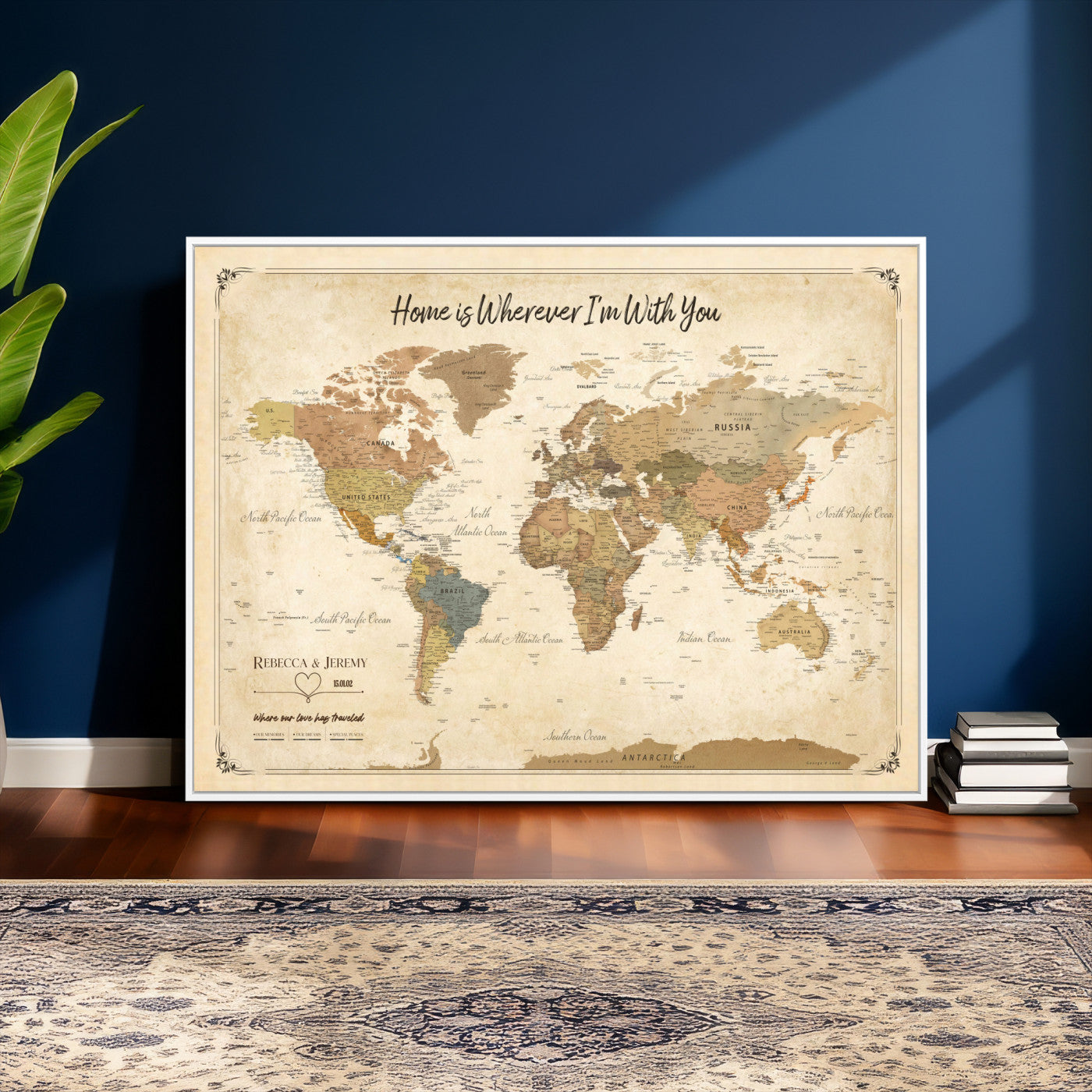 40086165-MGV-TP-30X20 - Framed Vintage Custom Push Pin World Map Canvas Print – Personalized Travel Map Wall Art