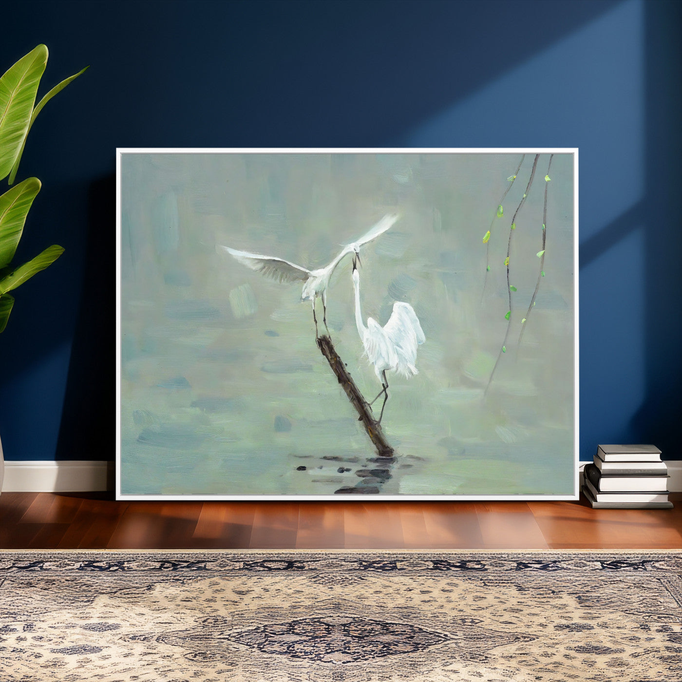 91124838-MGV-CV-36X24 - Two White Egrets on Marsh Branch Wall Art Canvas Print - Vintage Style Coastal Bird Poster