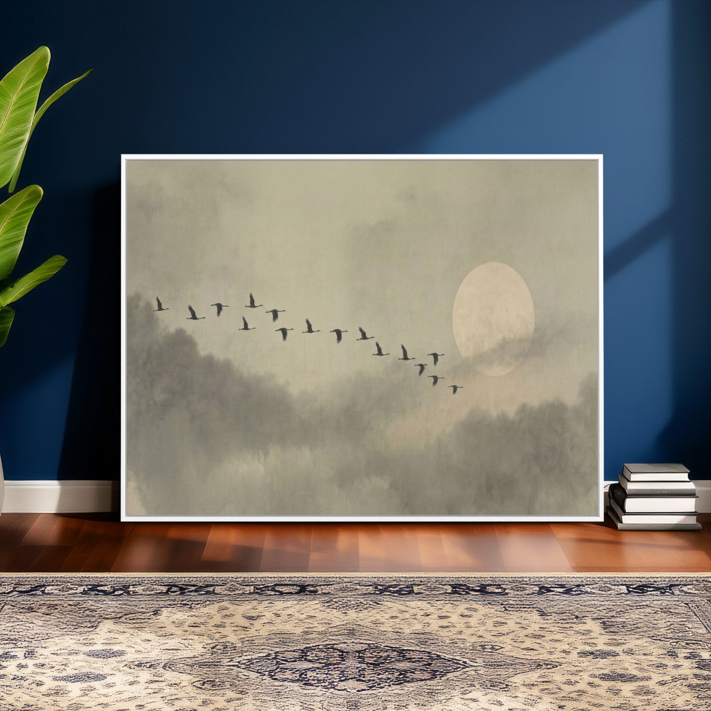 12098149-MGV-CV-36X24 - Flock of Birds Flying to Full Moon Wall Art Canvas Print - Vintage Surreal Clouds Painting