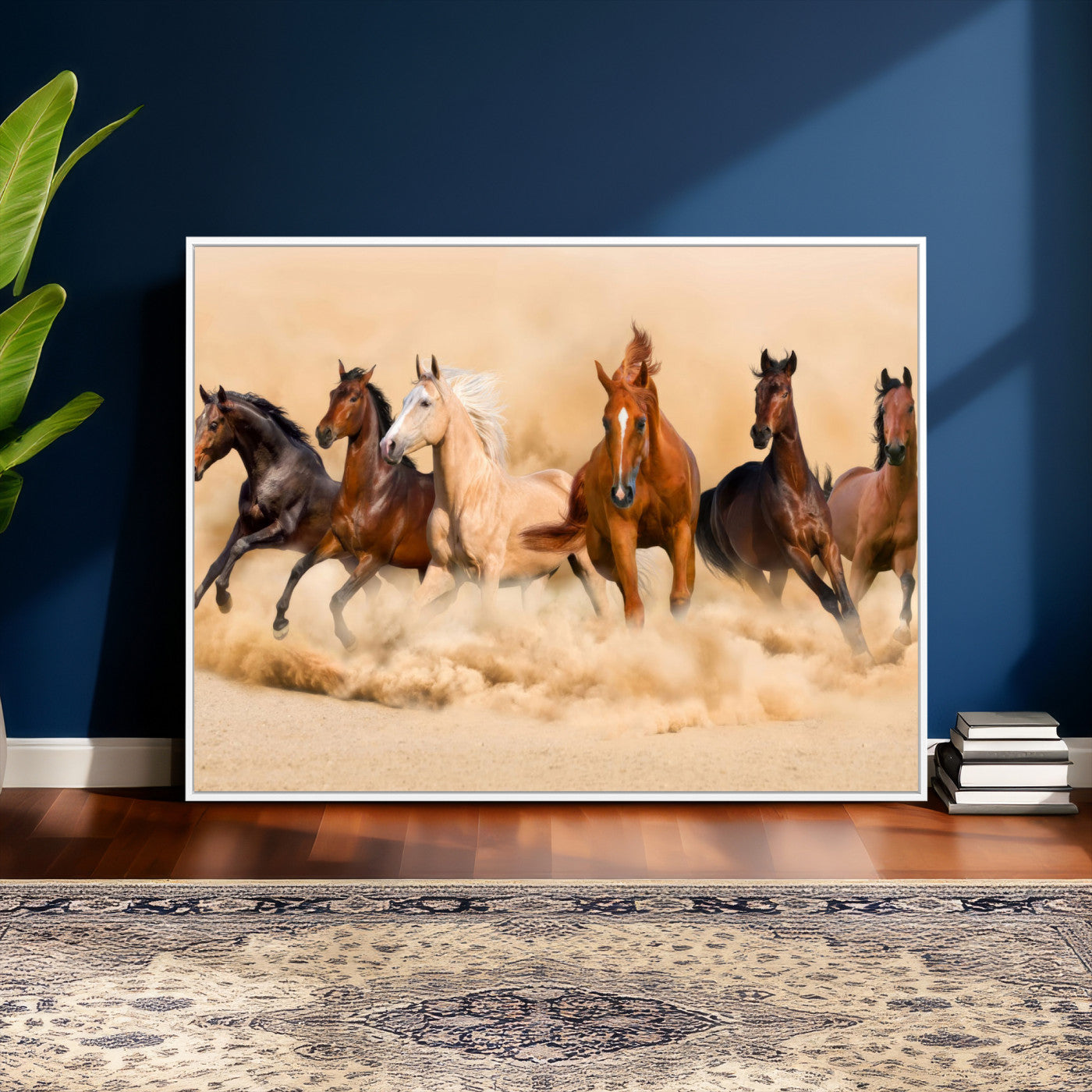 90610949-MGV-CV-36X24 - Herd of Six Wild Horses Galloping in Dust Storm Wall Art Canvas Print - Majestic Wildlife Decor