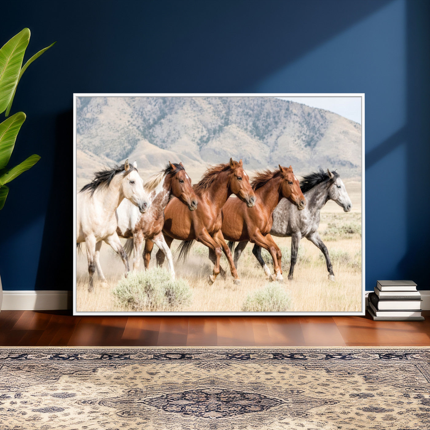 68345893-MGV-CV-36X24 - Five Mustangs Running Wild in Mountain Valley Wall Art Canvas Print - Rustic Western Decor