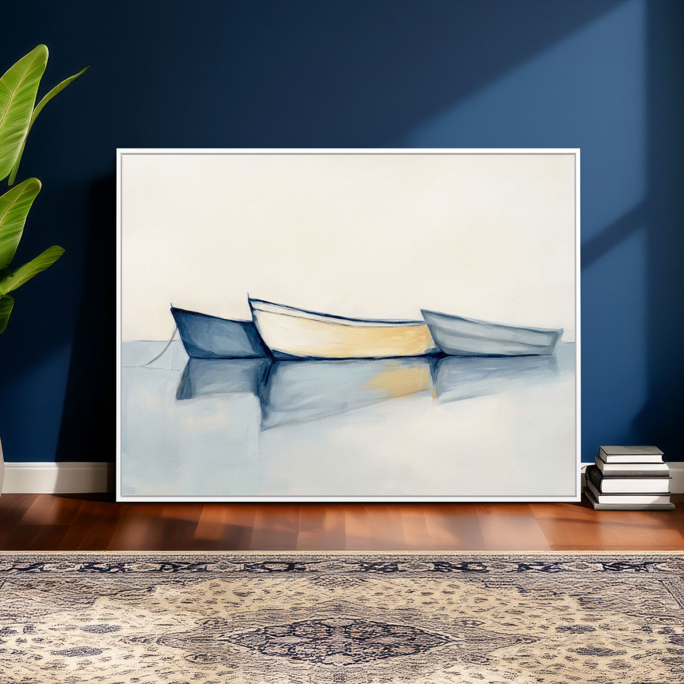 84017361-MGV-CV-36X24 - Abstract Three Boats Reflecting on Water Wall Art Canvas Print - Minimalist Coastal Seascape
