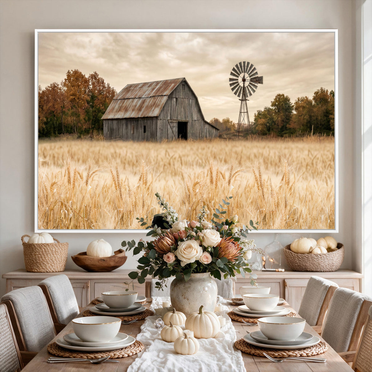 99640659-MGV-CV-36X24 - Rustic Farmhouse Barn and Windmill Wall Art Canvas Print, Country Landscape Photography Print