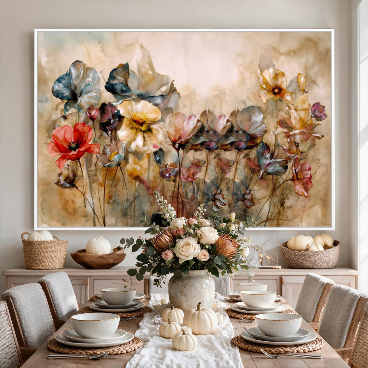 11407233-MGV-CV-36X24 - Vintage Dried Floral Meadow Wall Art Canvas Print, Translucent Watercolor Flowers Painting Print