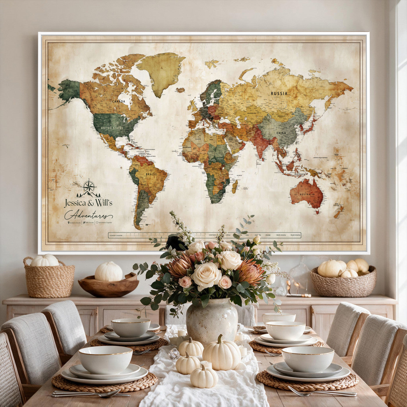 19542567-MGV-CV-36X24 - Custom Push Pin World Map Canvas | Personalized Travel Tracker | Wedding Anniversary Gift for Couples - Adventure Map Wall Art with Pins