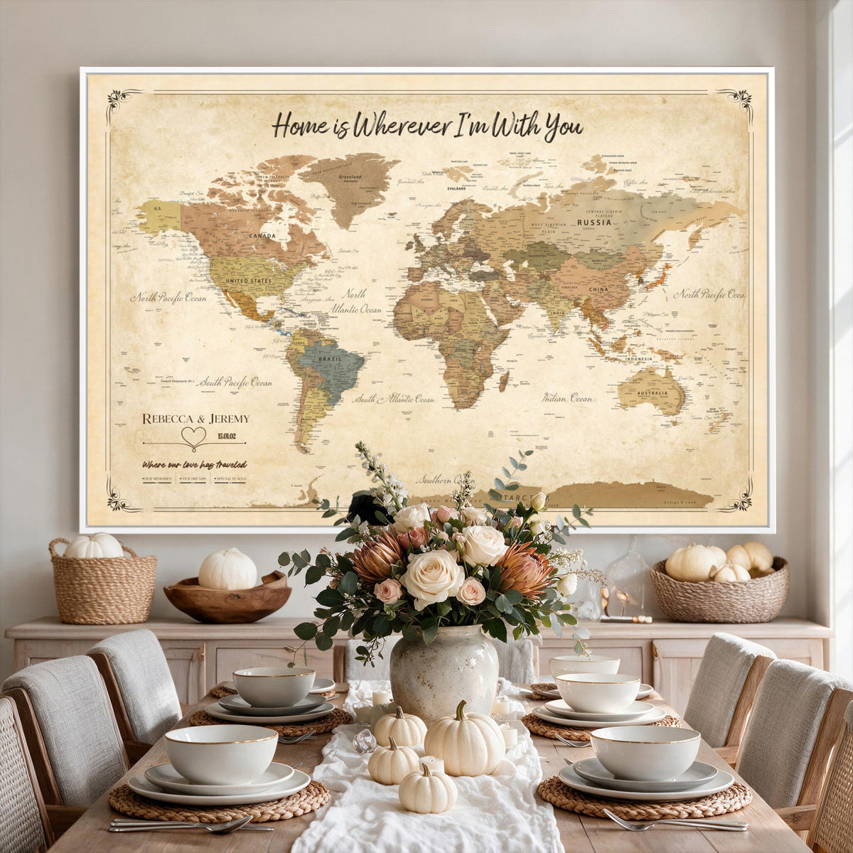 40086165SP-MGV-CV-36X24 - Custom Push Pin Travel Map Canvas Print, Cream Personalized Travel Tracker Map, Anniversary Gift, Vintage World Map Wall Art