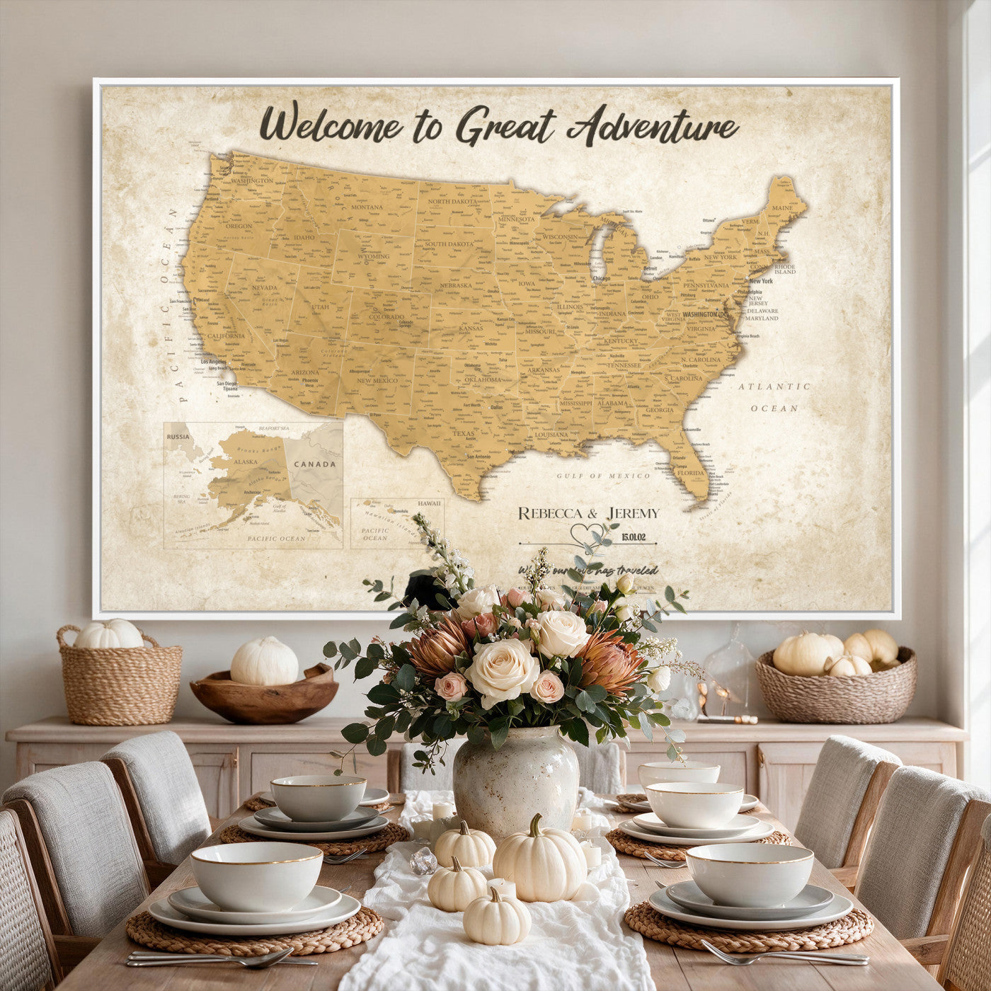 81437082-MGV-CV-36X24 - Custom Push Pin Travel USA Map Canvas Print, Cream Personalized Travel Tracker America Map, Anniversary Traveler Gift