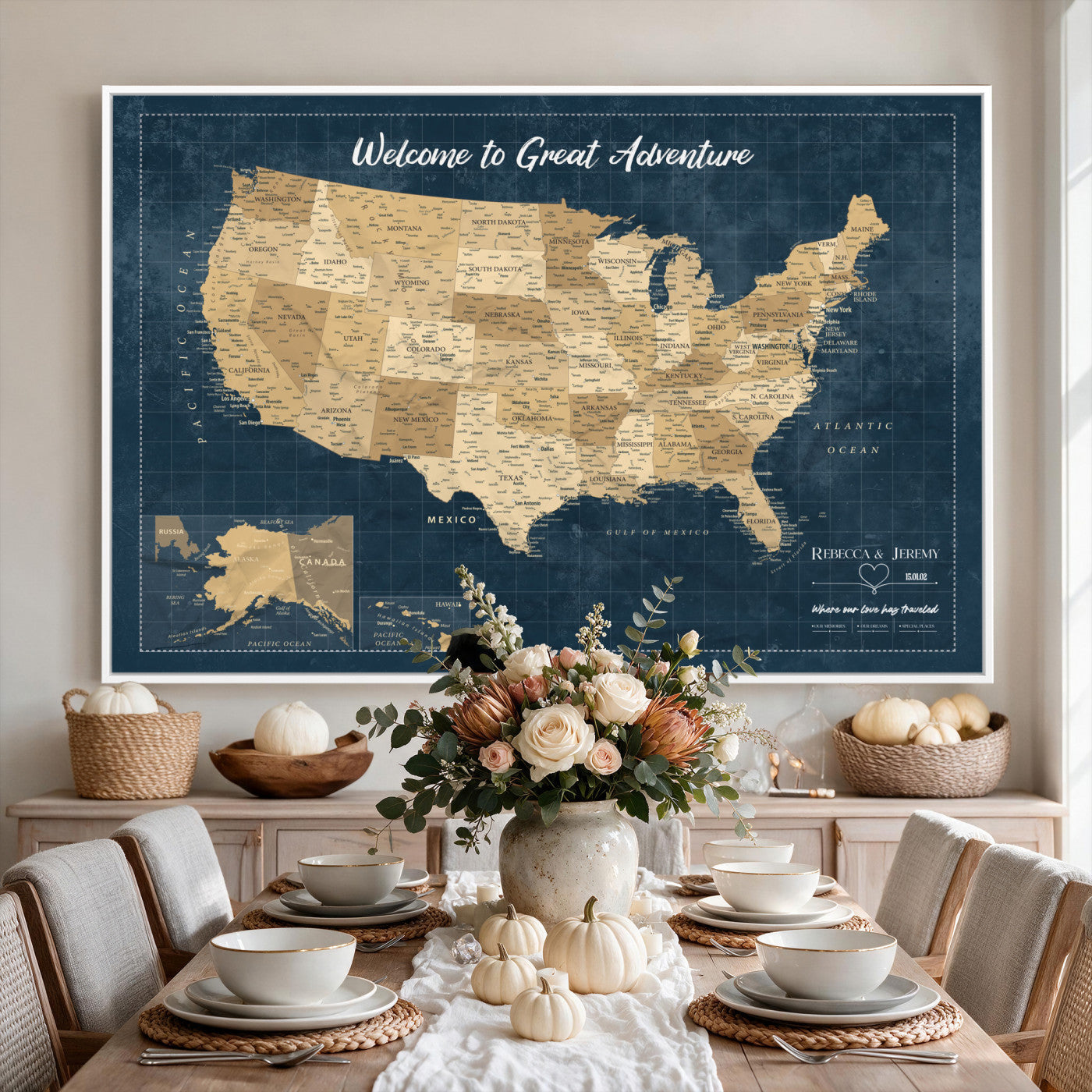58851035-MGV-CV-36X24 - Custom Push Pin Travel USA Map Canvas Print, Cream Personalized Travel Tracker America Map, Anniversary Traveler Gift