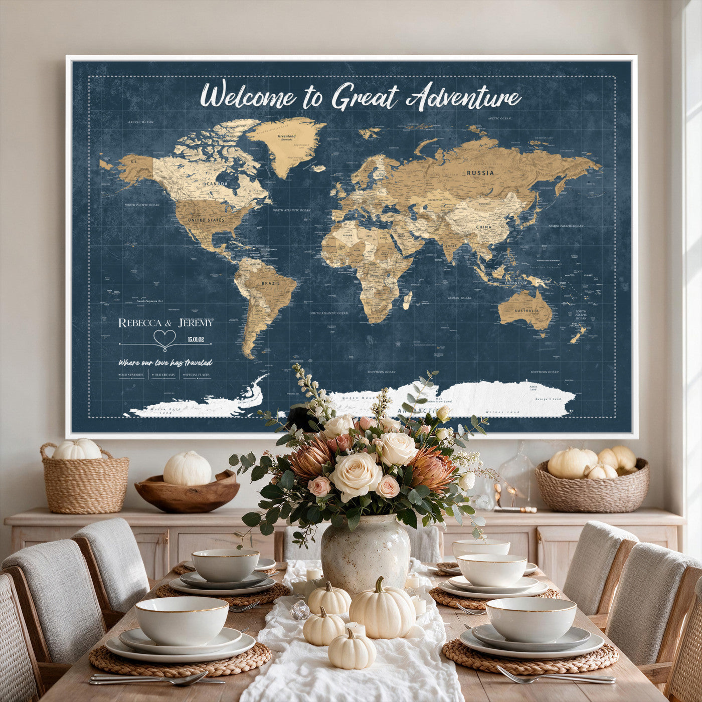 57167164-MGV-CV-36X24 - Custom Push Pin Travel Map Canvas Print, Cream Personalized Travel Tracker Map, Anniversary Gift, Vintage World Map Wall Art