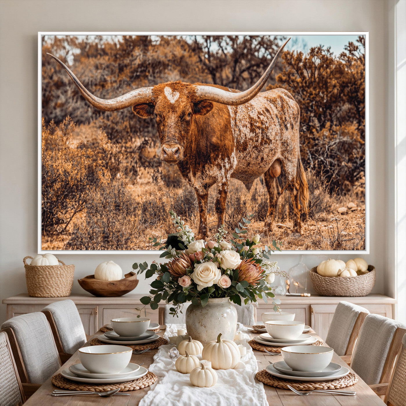 62076449-MGV-CV-36X24 - Texas Cow Bull Longhorn Print for Western Wall Art Decor for Farmhouse