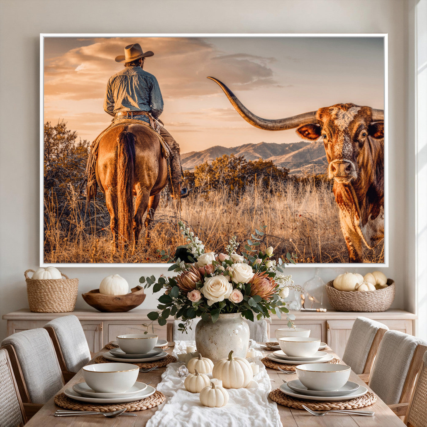 62076449C-MGV-CV-36X24 - Texas Cowboy and Longhorn Bull Print for Western Wall Art Decor for Farmhouse