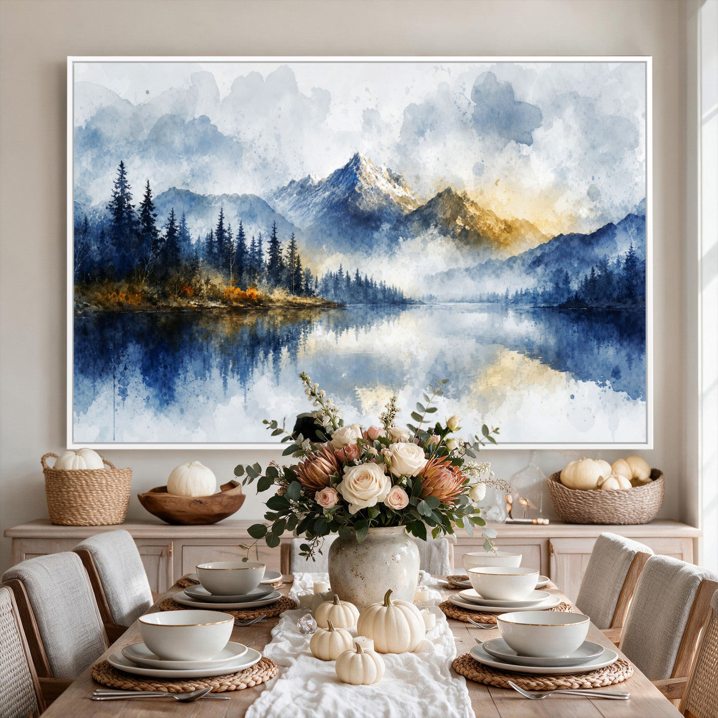 62076449DG-MGV-CV-36X24 - Abstract Watercolor Mountain Lake Wall Art Print for Living Room Decor