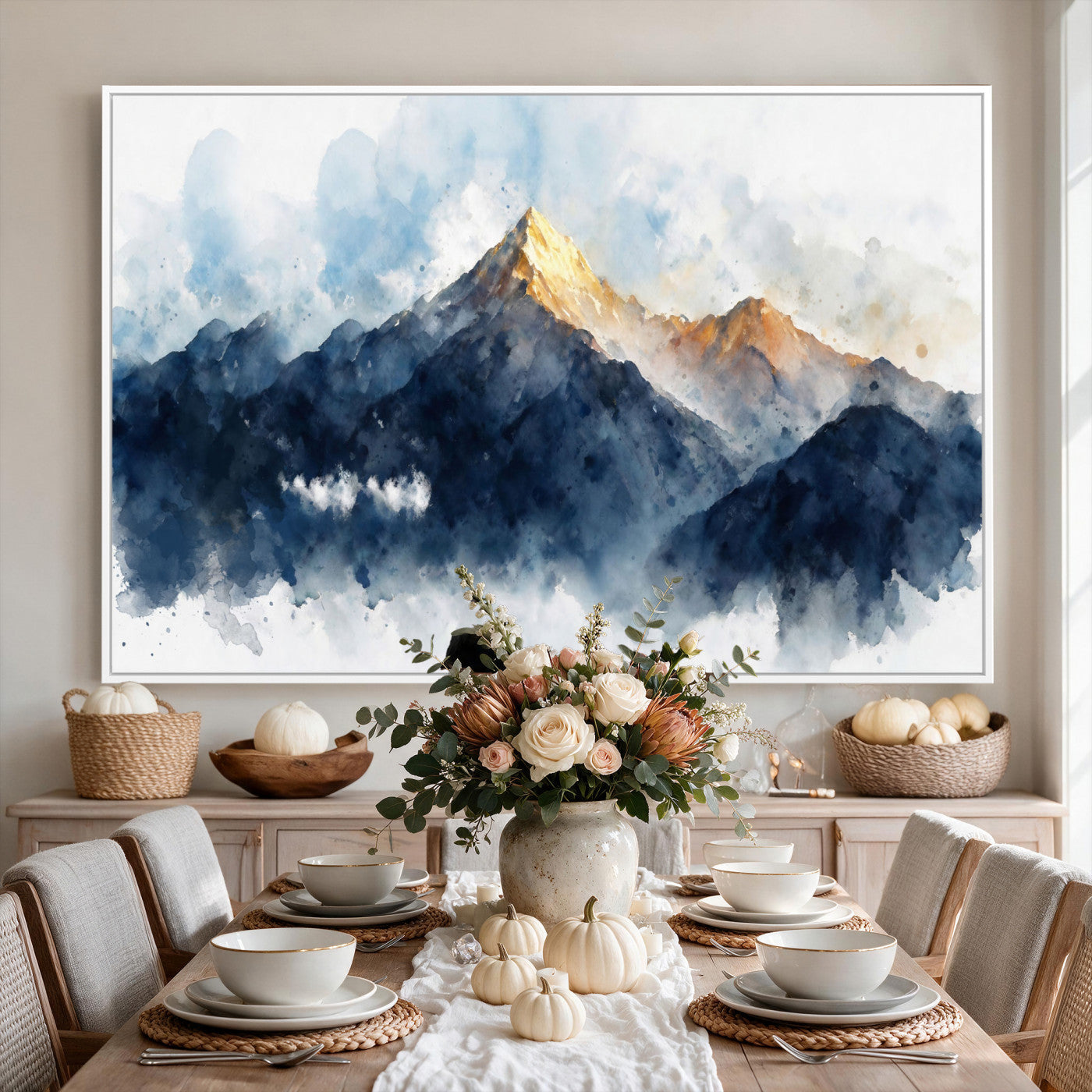 62076449DG1-MGV-CV-36X24 - Abstract Watercolor Mountain Lake Wall Art Print for Living Room Decor