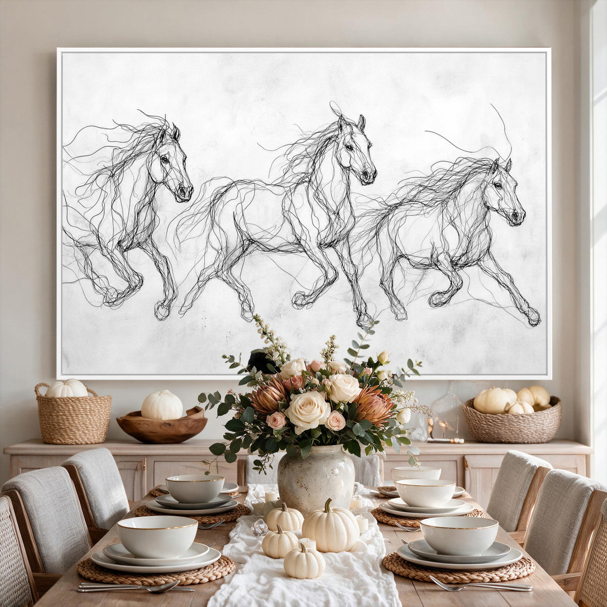 53600119-MGV-CV-36X24 - Monochrome Horse Canvas Wall Art, Black Ink Sketch Wild Horses Print, Minimalist Equestrian Artwork, Modern Abstract Line Decor, Urban Loft Gift