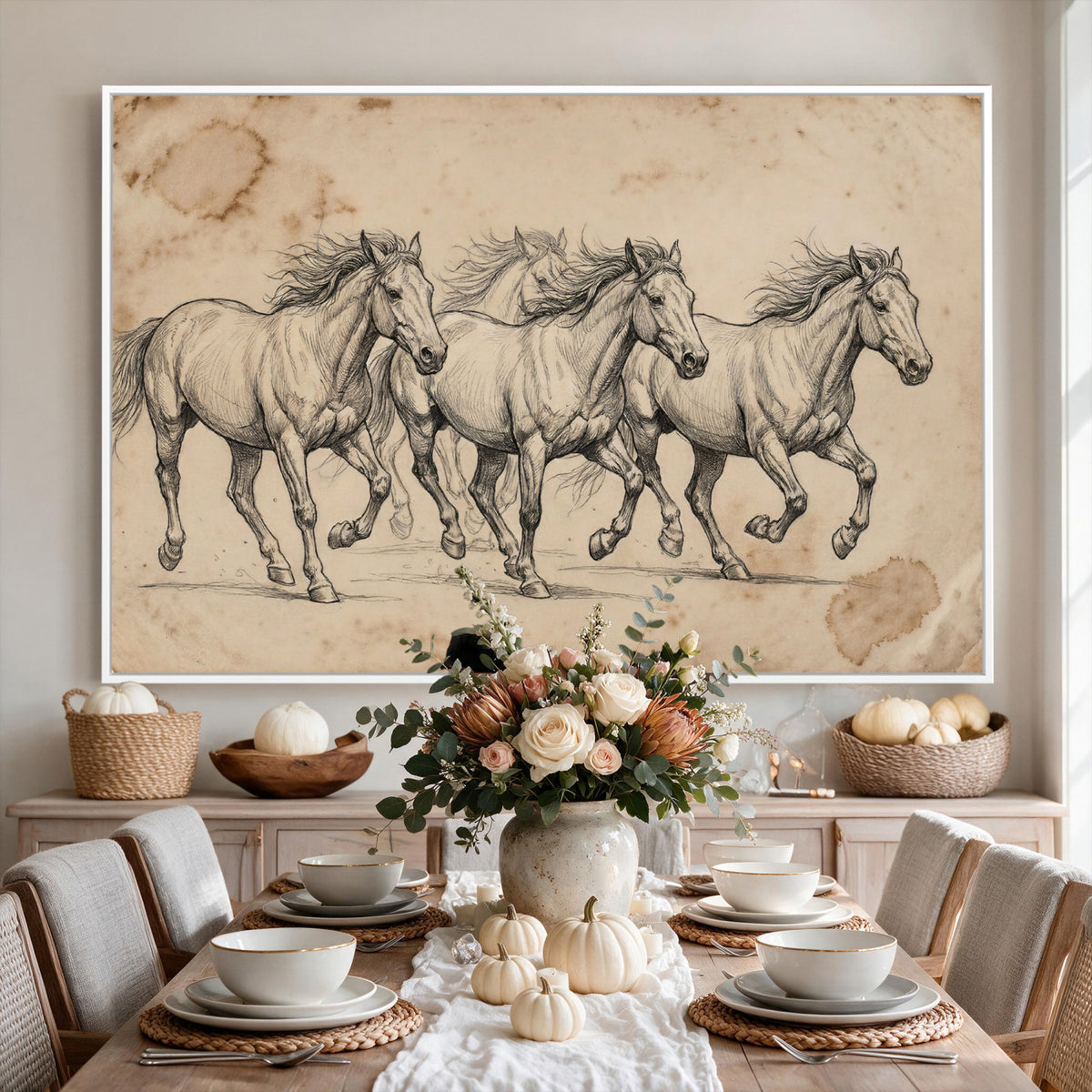 56046981-MGV-CV-36X24 - Sepia Wild Horses Canvas Art, Antique Pencil Drawing Print, Vintage Gallery Wall Decor, Rustic Equestrian Artwork, Traditional Den Gift