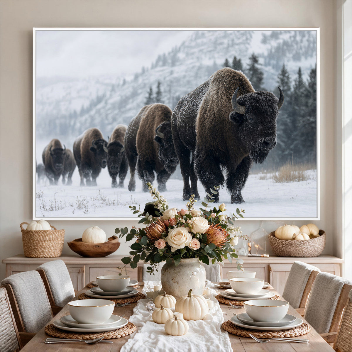 18343289-MGV-CV-36X24 - Rustic Bison Wall Art, American Buffalo Photo Print, Wildlife Canvas Artwork, Snowy Mountain Decor, Large Nature Poster, Cabin Gift Idea