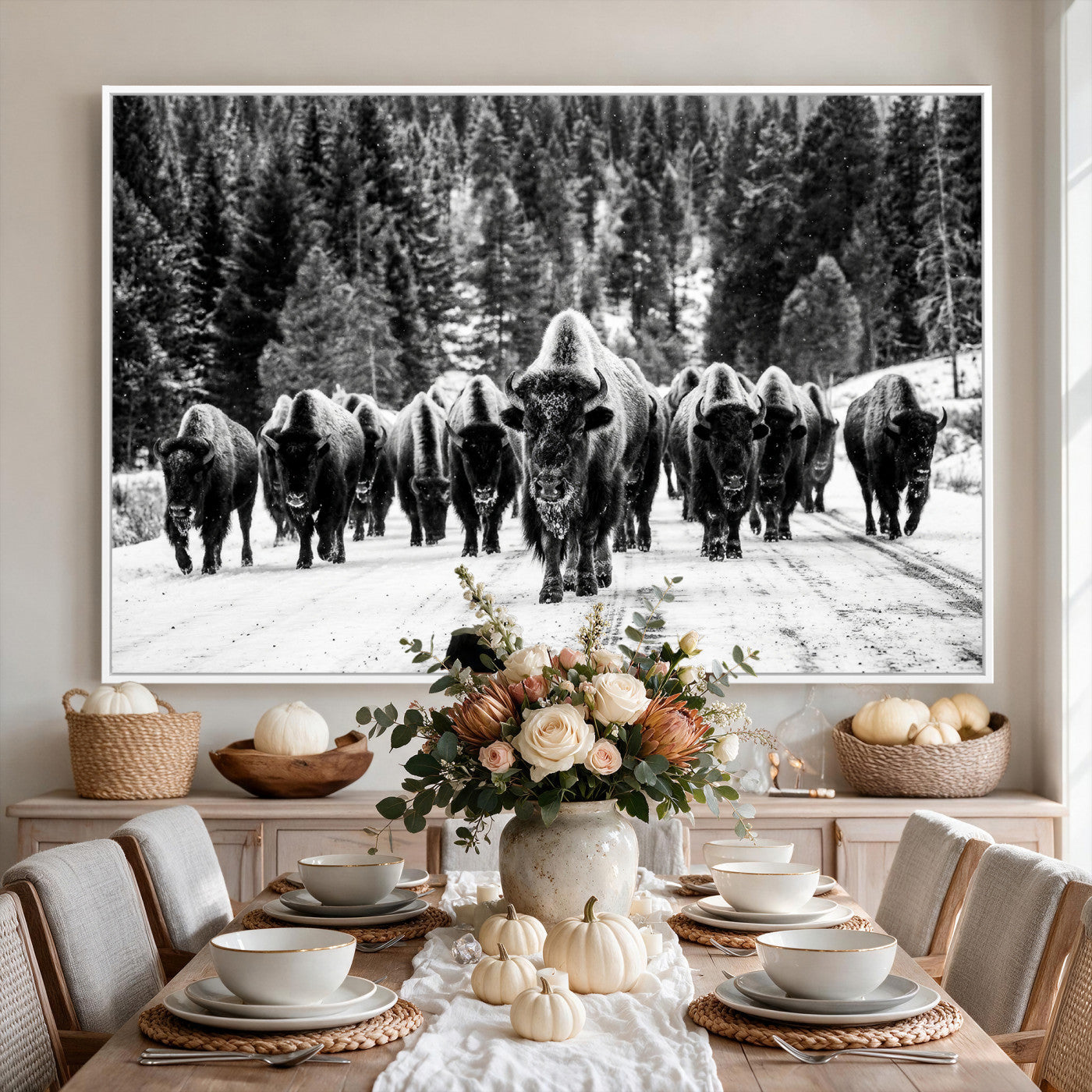 79337077-MGV-CV-36X24 - Black and White Bison Canvas Art, American Buffalo Print, Winter Wildlife Photography, Rustic Forest Wall Decor, Large Statement Nature Gift