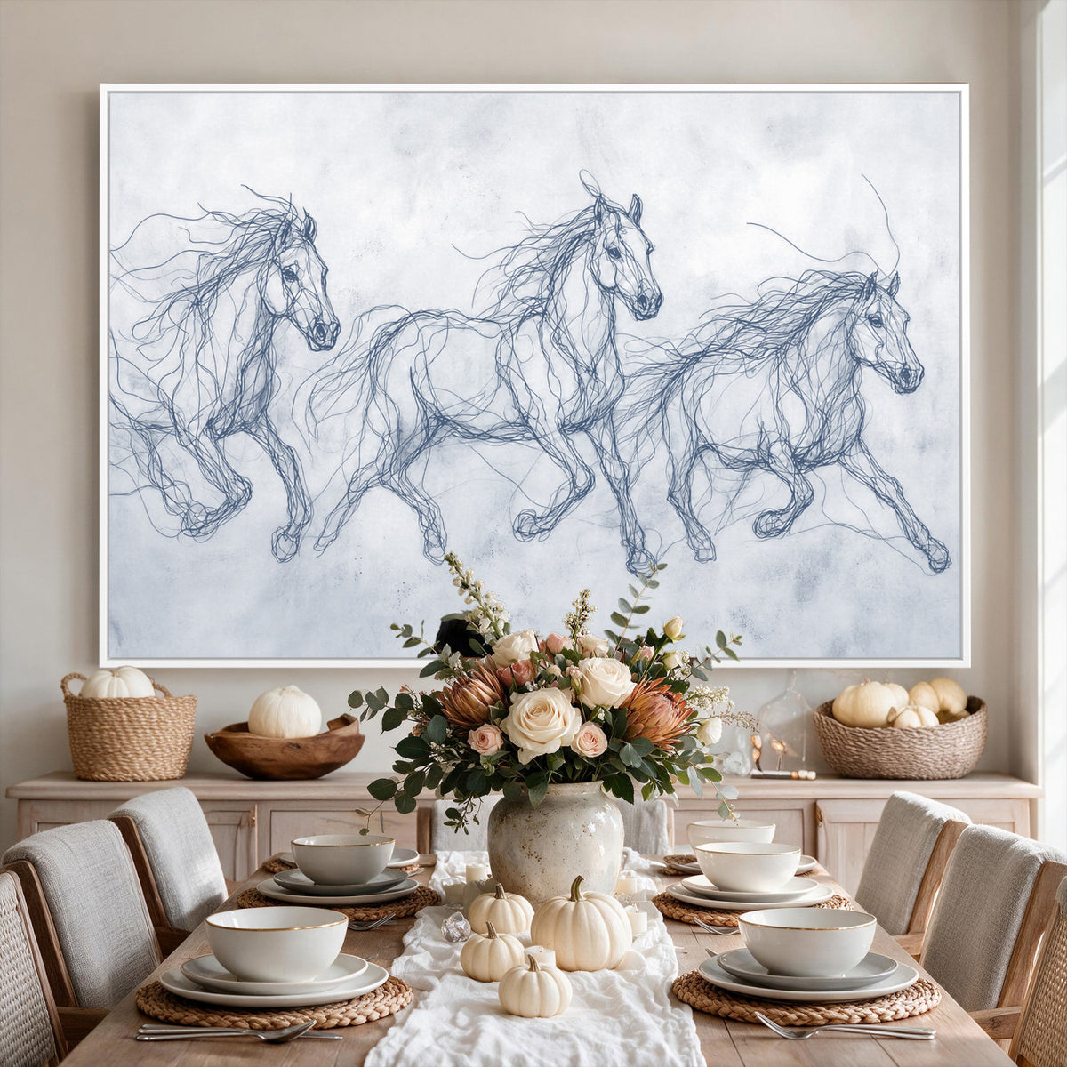 41163601-MGV-CV-36X24 - Indigo Blue Horse Line Art Canvas, Steel Grey Wild Horses Print, Abstract Navy Scribble Artwork, Modern Slate Equine Wall Decor, Coastal Ranch Gift