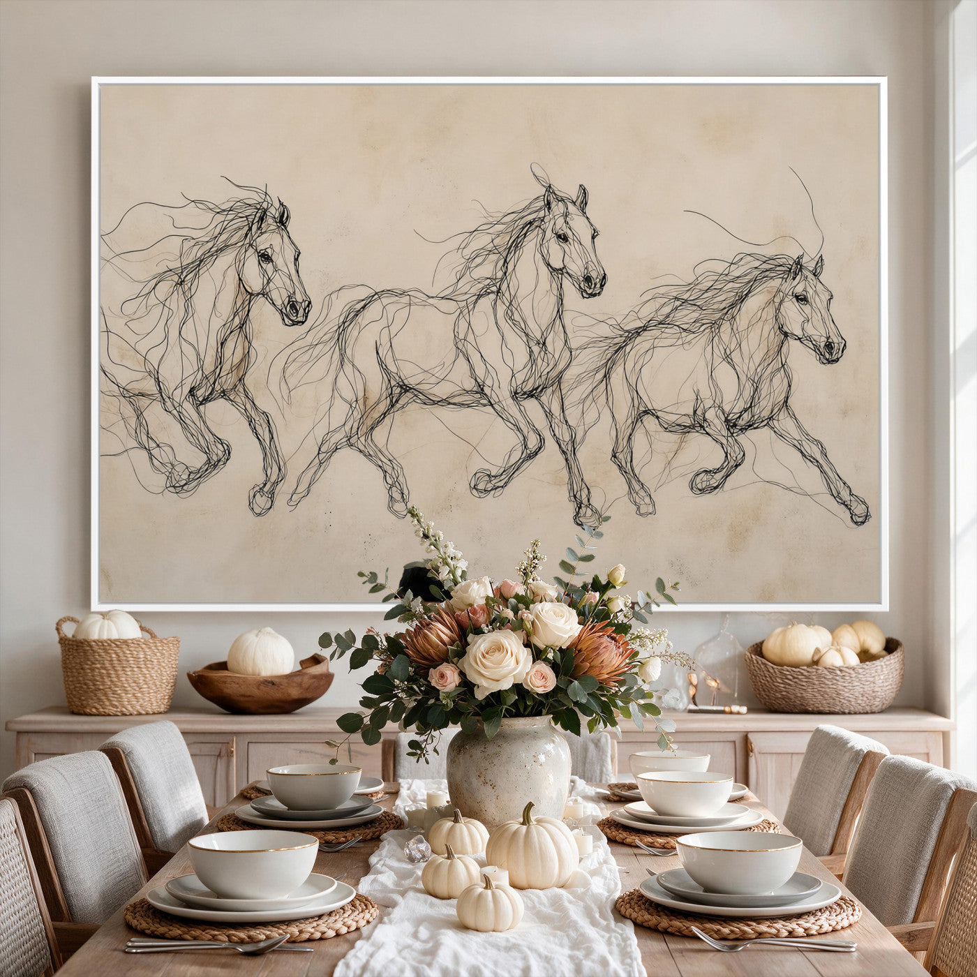 81051673-MGV-CV-36X24 - Abstract Horse Line Art Canvas, Gesture Sketch Wild Horses Print, Modern Scribble Artwork, Minimalist Equine Wall Decor, Rustic Studio Gift