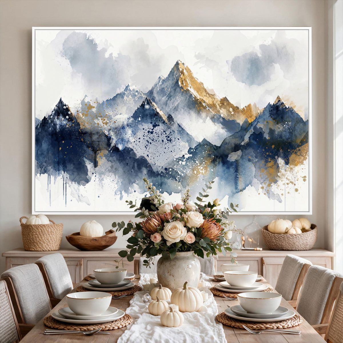 87460616-MGV-CV-36X24 - Abstract Mountain Canvas Wall Art, Blue Gold Foil Landscape Print, Modern Indigo Watercolor Poster, Large Abstract Nature, Luxury Office Gift