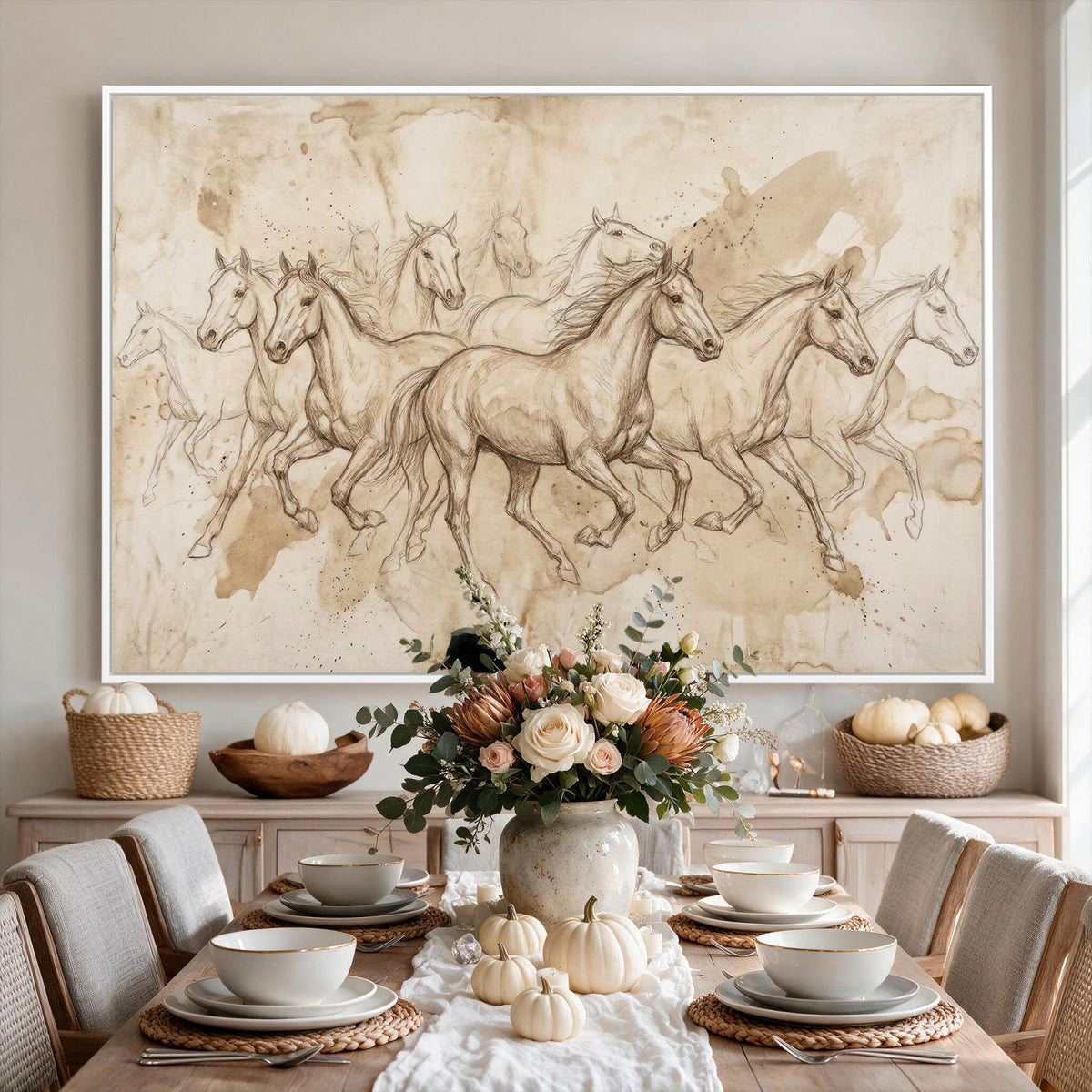 52233469-MGV-CV-36X24 - Vintage Horse Sketch Canvas Wall Art, Wild Horses Pencil Drawing Print, Antique Parchment Western Decor, Equine Sketching, Country Manor Gift