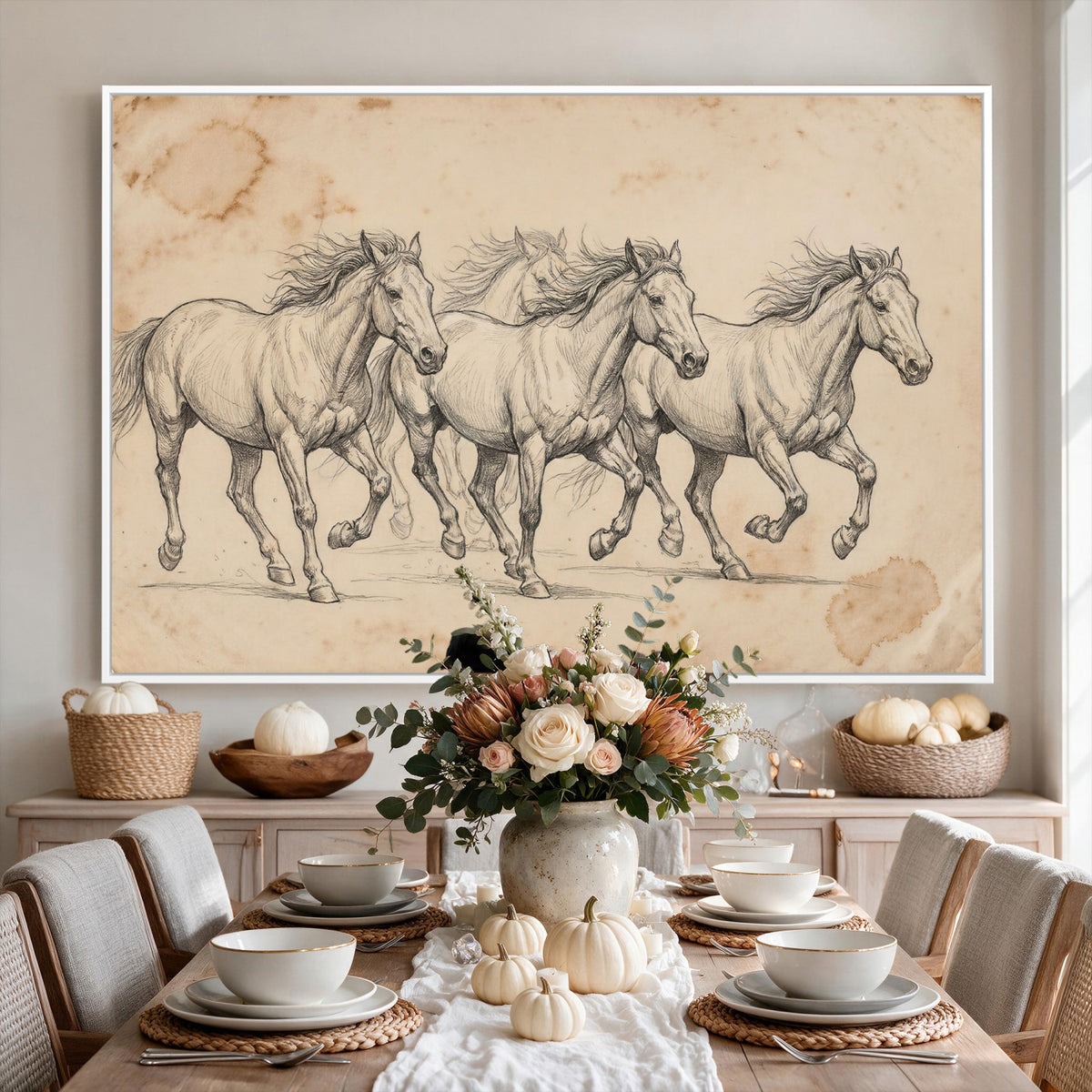 16644391-MGV-CV-36X24 - Vintage Horse Sketch Canvas Wall Art, Wild Horses Pencil Drawing Print, Antique Parchment Western Decor, Equine Sketching, Country Manor Gift