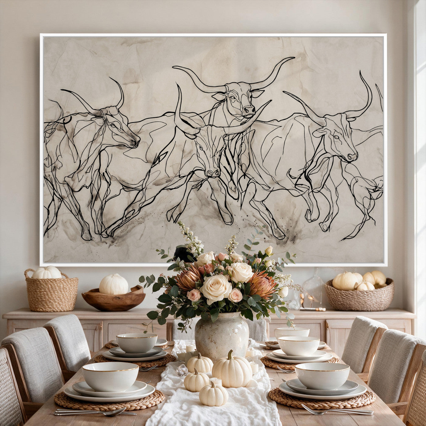 16671245-MGV-CV-36X24 - Minimalist Longhorn Line Art, Modern Texas Bull Canvas Print, Abstract Western Wall Decor, Continuous Line Artwork, Black White Ranch Gift