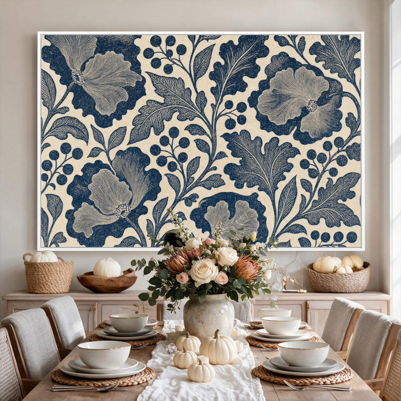 23824002-MGV-CV-36X24 - William Morris Style Navy Blue Floral Wall Art Canvas Print, Vintage Cream Botanical Painting Print