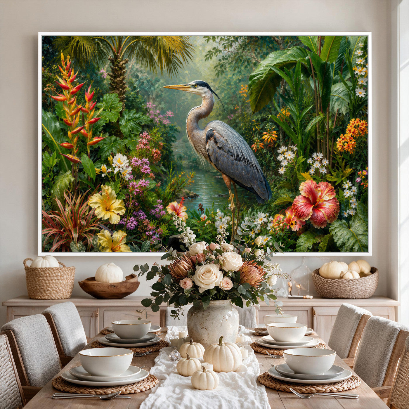 81059387-MGV-CV-36X24 - Great Blue Heron Tropical Jungle Wall Art Canvas Print, Exotic Botanical Garden Painting Print
