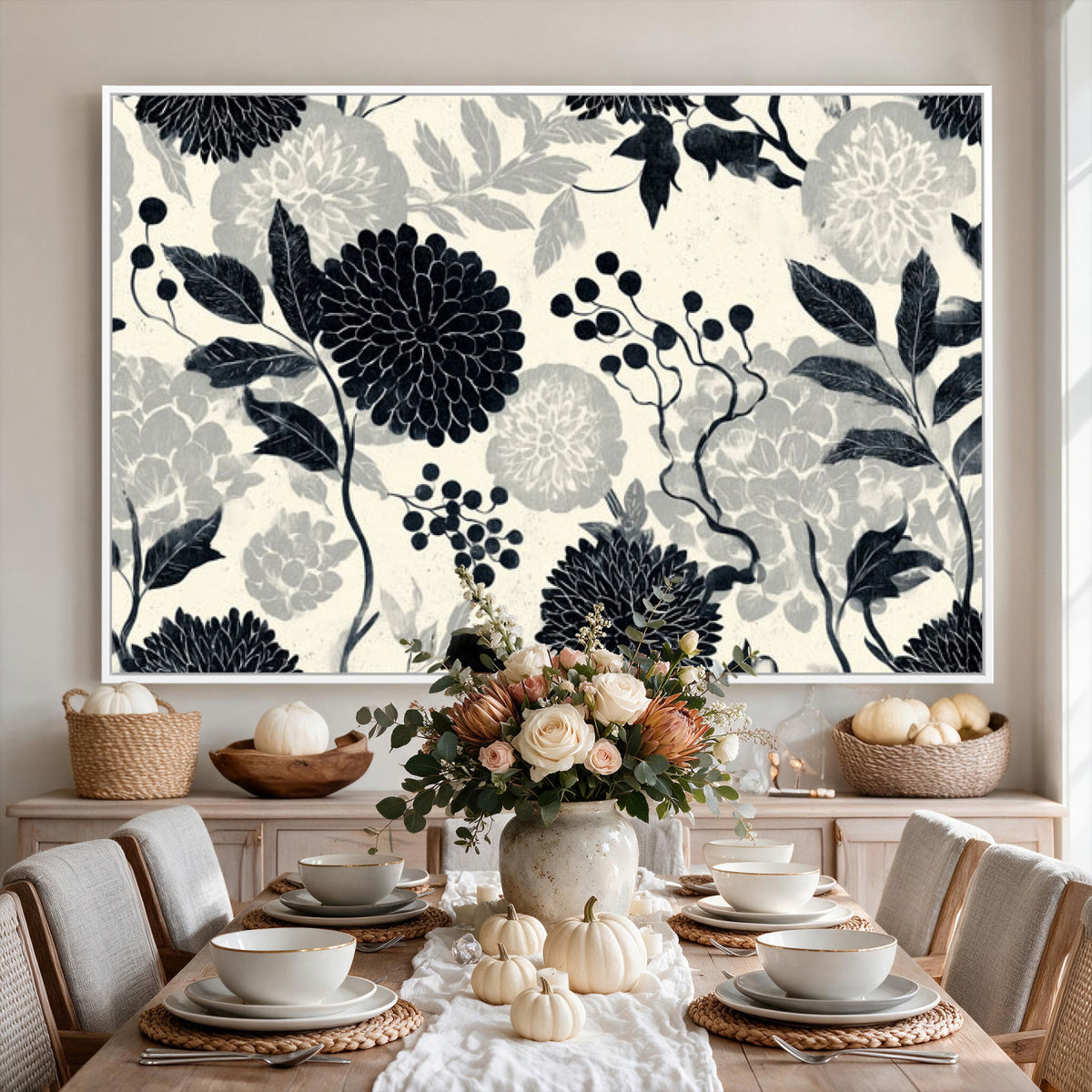 61524791-MGV-CV-36X24 - Vintage Black Chrysanthemum Wall Art Canvas Print, Monochrome Dhalia Floral Painting Print