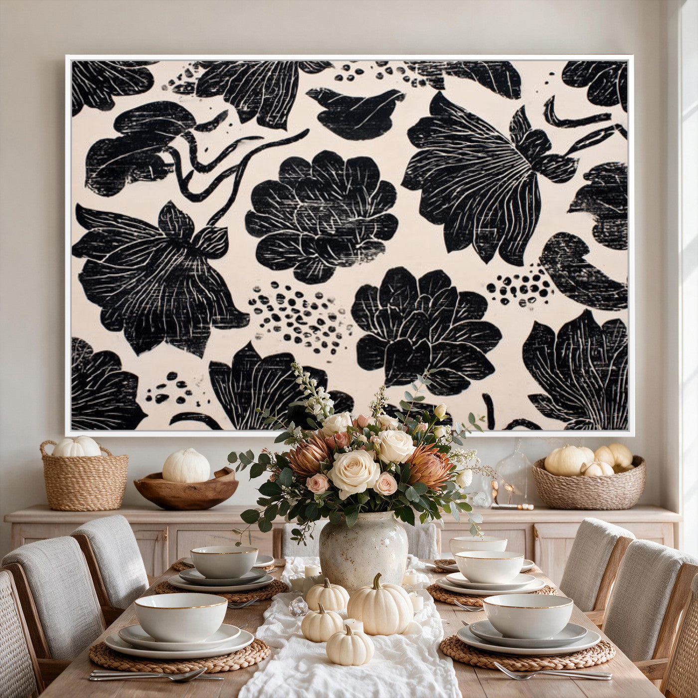 81787117-MGV-CV-36X24 - Linocut Black Lotus Floral Wall Art Canvas Print, Vintage Monochrome Botanical Painting Print
