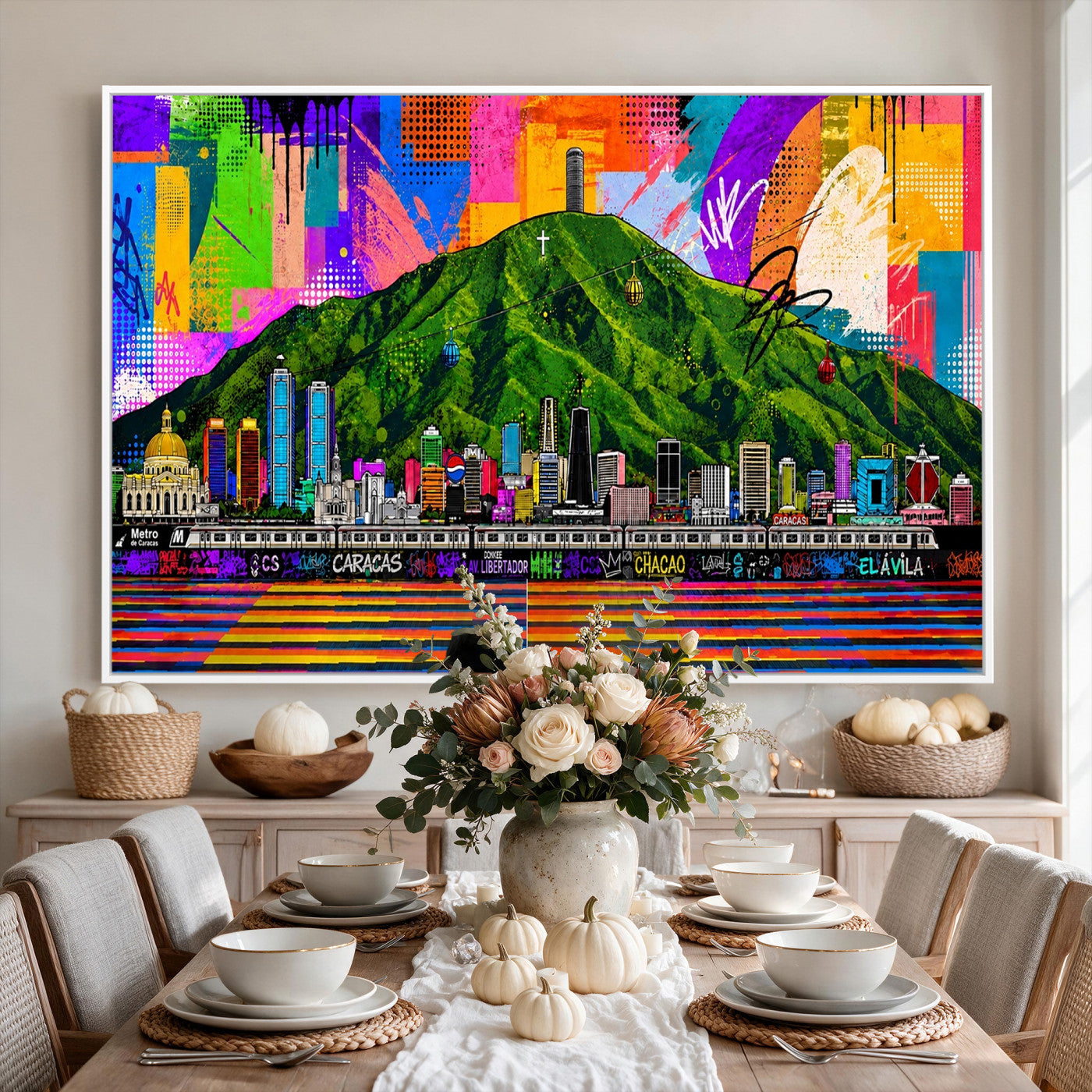 86696255-MGV-CV-36X24 - Mount Ávila, Caracas, Venezuela Wall Art Print by Artist Yorlette - Graffiti Caracas Skyline Canvas Art, Colorful Street Artwork - Venezuela El Avila Poster Print