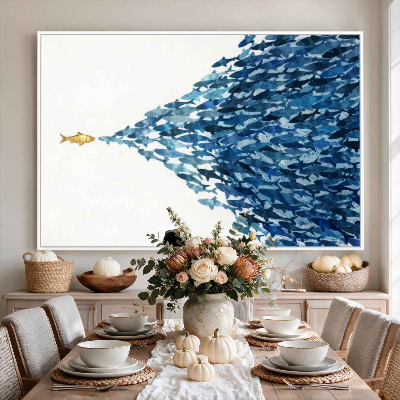 79089639-MGV-CV-36X24 - Abstract Blue Fish School Canvas Wall Art, Gold Foil Accent Marine Print