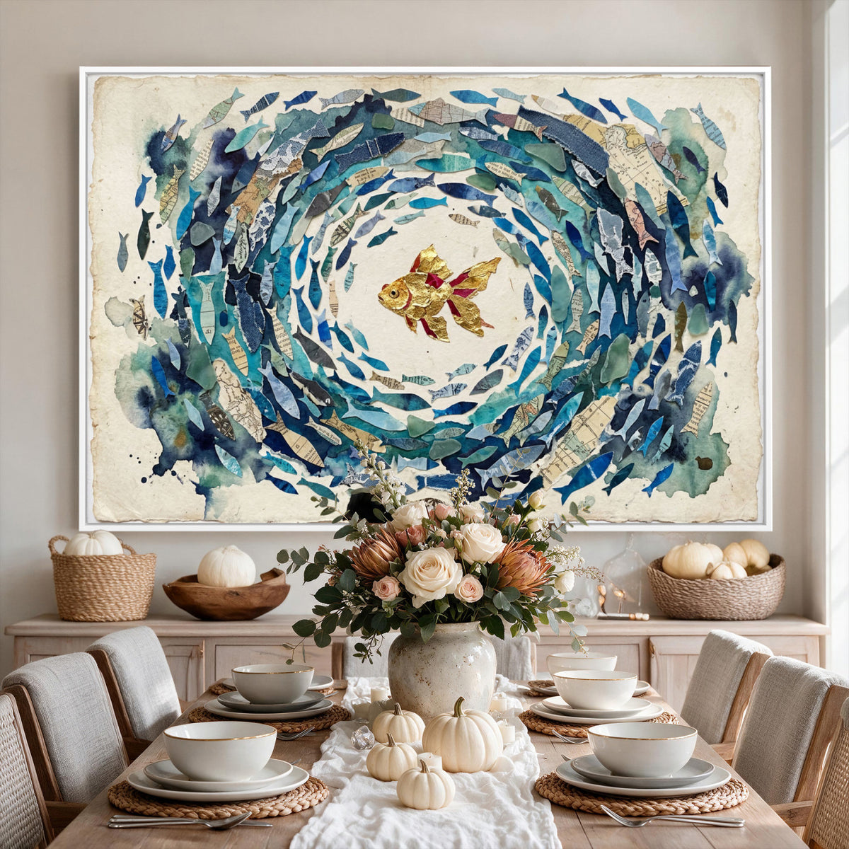 73165663-MGV-CV-36X24 - Mixed Media Blue Fish Swirl Canvas Wall Art, Goldfish Collage Ocean Print