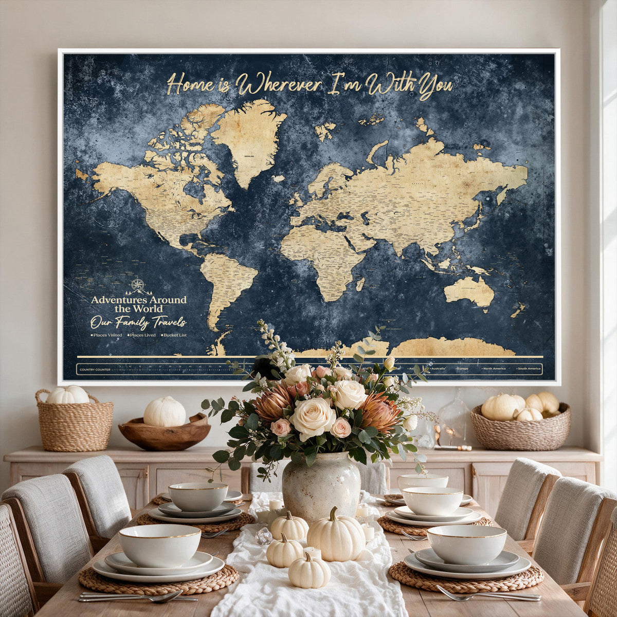 98668848-MGV-CV-36X24 - Our Family Adventures Push Pin World Map Wall Art Canvas Print - Family Travel Tracker Map with Pins