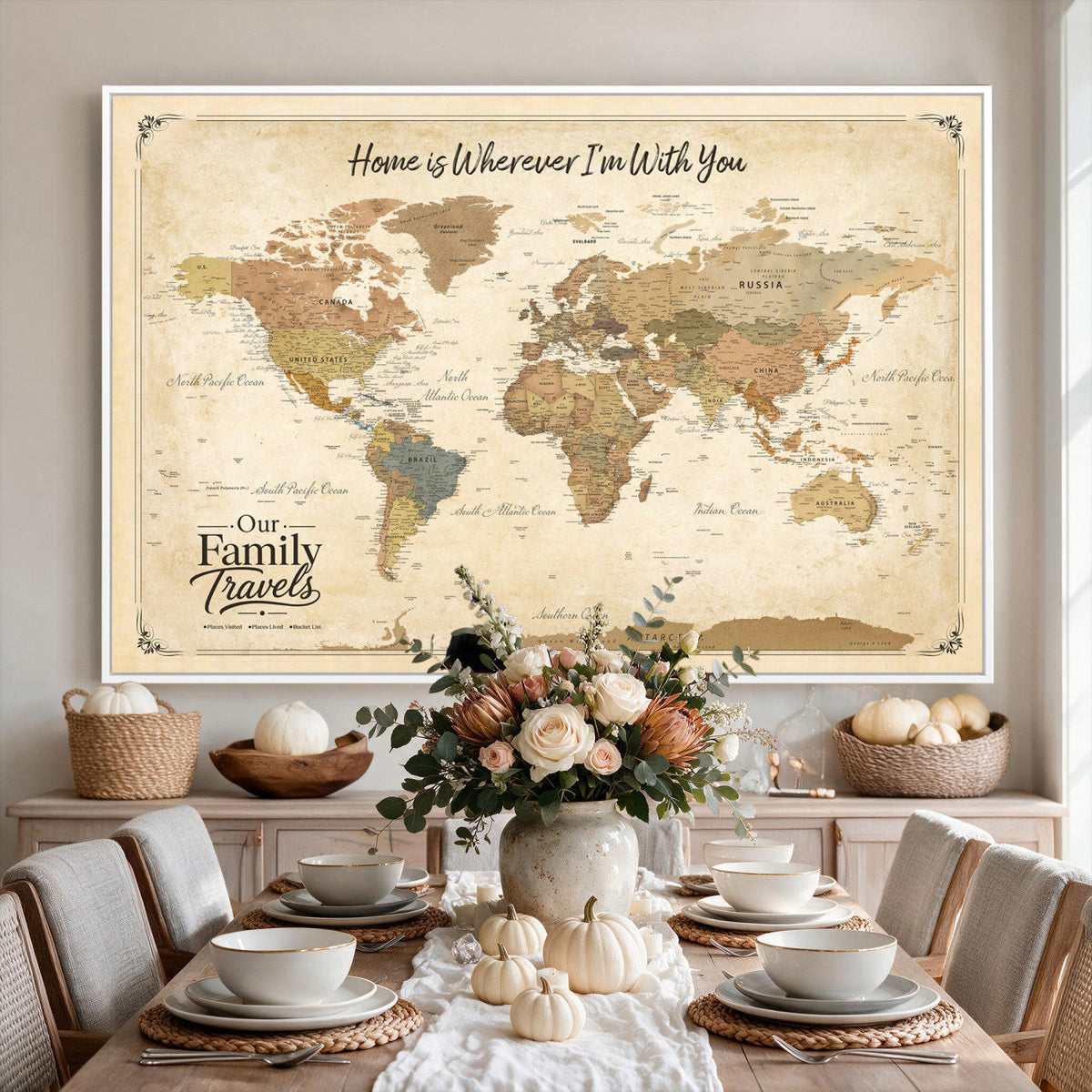 94272126-MGV-CV-36X24 - Our Family Adventures Push Pin World Map Wall Art Canvas Print - Family Travel Tracker Map with Pins
