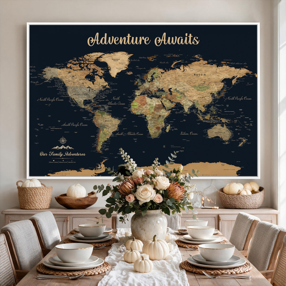88994085-MGV-CV-36X24 - Our Family Adventures Push Pin World Map Wall Art Canvas Print - Family Travel Tracker Map with Pins
