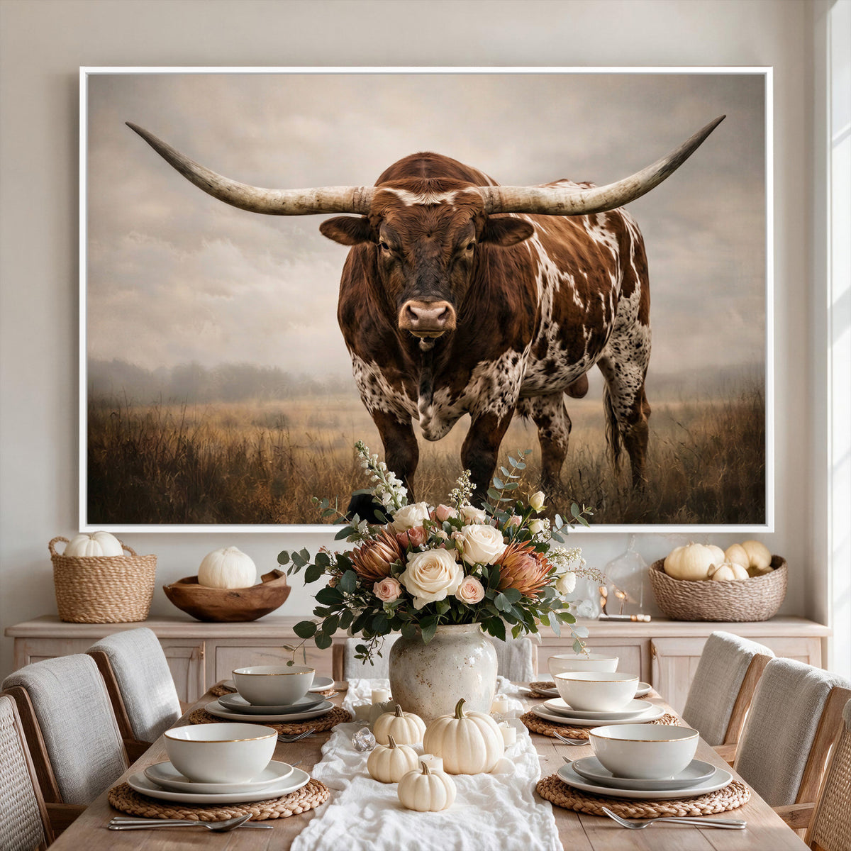 25239047A-MGV-CV-36X24 - Texas Longhorn Canvas Wall Art Western Bull Desert Moody Grey Overcast Rustic Farmhouse Framed Large for Living Room Bedroom Office Decor
