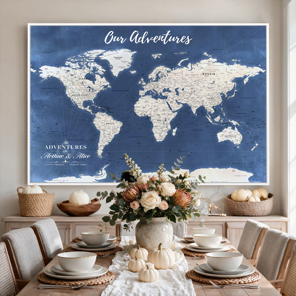 75405527-MGV-CV-36X24 - Extra Large Framed Personalize Push Pin World Map Wall Art Canvas Print for Travel Tracking