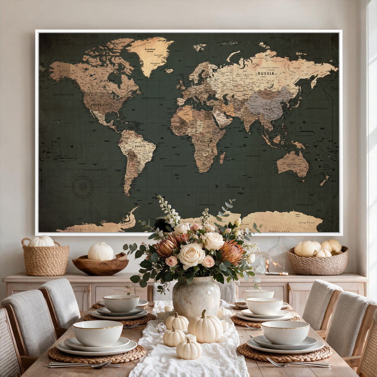 42327656-MGV-CV-36X24 - Extra Large Framed Personalize Push Pin World Map Wall Art Canvas Print for Travel Tracking